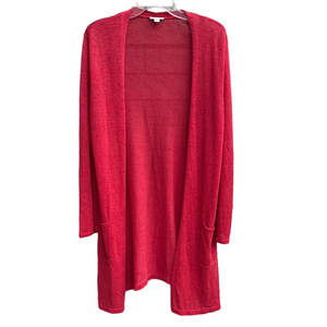 J. Jill Red Open Front Cardigan Duster Sweater Coral Red Linen Blend Pockets